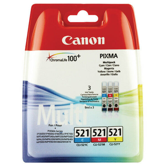 Original Canon CLI-521 Inkjet Cartridges Cyan Magenta Yellow Multi-Pack VAT INC