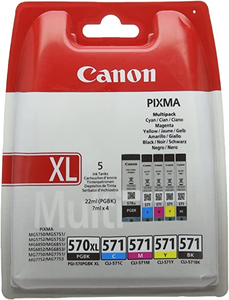Canon PGI-570XL BK / CLI-571 Noir et Couleur, Lot de 6 cartouches